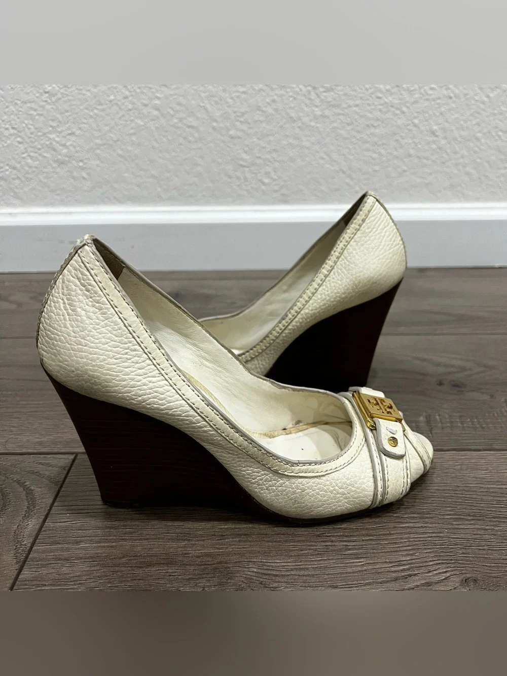 [Sold] Tory Burch Sz.7.5 Leather Peep-Toe Wedge Heels with Gold Accent